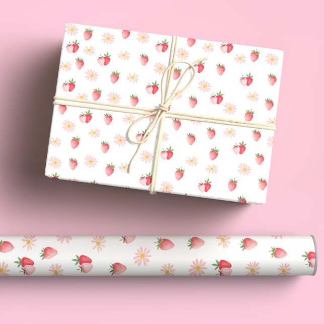 Niedlich Pink Daisy & Strawberries Pastell Wasserf Geschenkpapier (Von Creator hochgeladen)