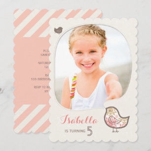 Niedlich Pink Damask Bird Foto Girl Birthday Einla Einladung