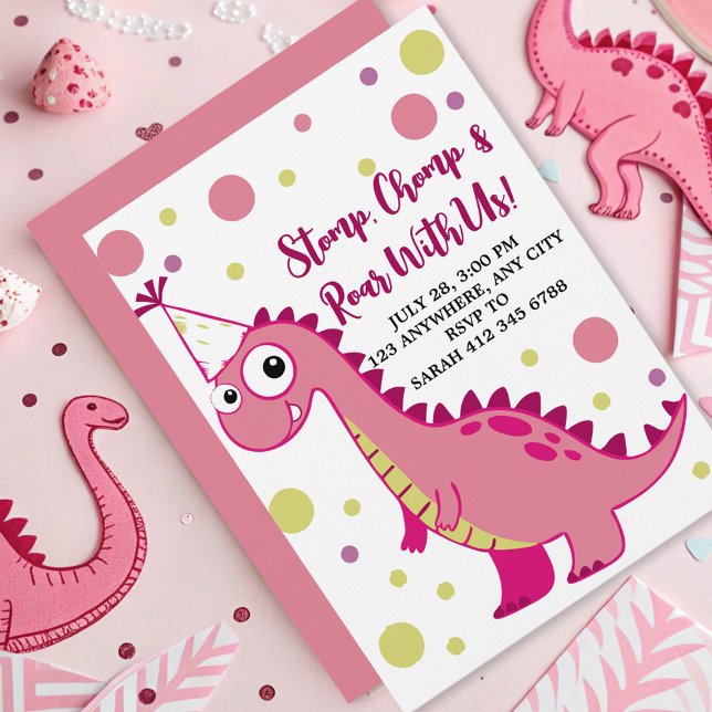 Niedlich Pink Dinosaur Girl T-Rex Einladung (Von Creator hochgeladen)