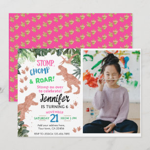 Niedlich Pink Dinosaurier Custom Foto Geburtstag Einladung