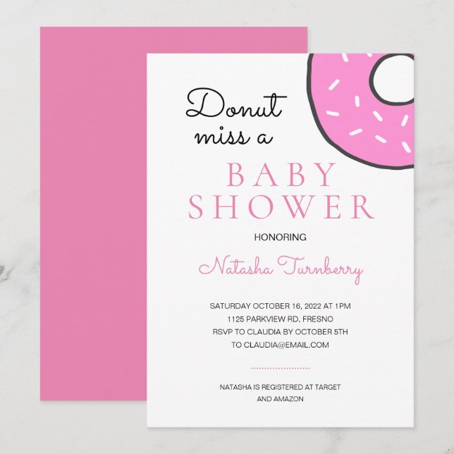 Niedlich Pink Donut Miss eine Babydusche Einladung (Vorne/Hinten)