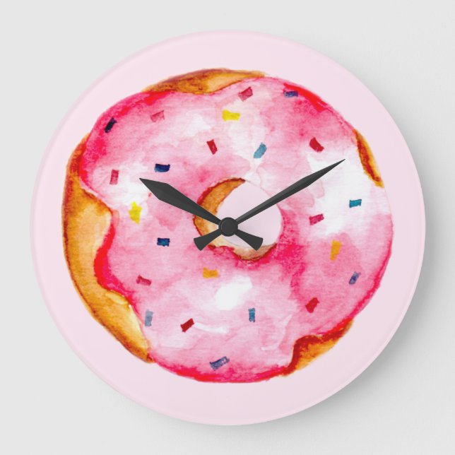 Niedlich Pink Donut Wasserfarben Regenbogen Sprink Große Wanduhr (Vorderseite)
