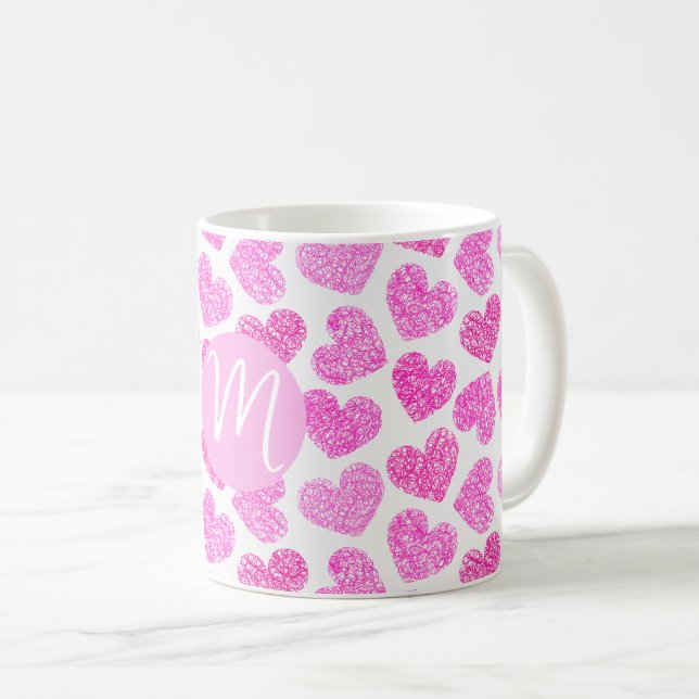 Niedlich Pink Doodled Heart Valentine's Day Monogr Kaffeetasse (VorderseiteRechts)