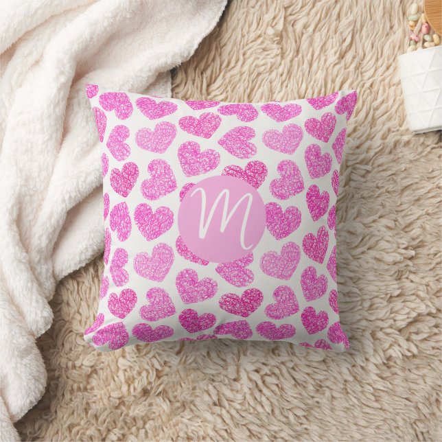 Niedlich Pink Doodled Heart Valentine's Day Monogr Kissen (Decke)