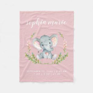 Niedlich Pink Elephant Baby Girl Birth Stats Fleecedecke