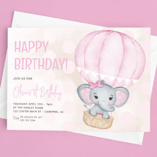 Niedlich Pink Elephant Ballon 1. Geburtstag Einladung