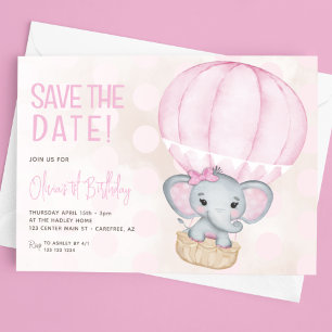 Niedlich Pink Elephant Ballon 1. Geburtstag Save The Date