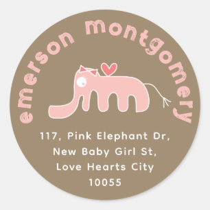 Niedlich Pink Elephant Girl Baby Birth Rücksendead Runder Aufkleber
