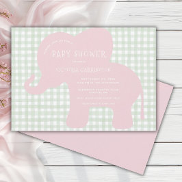Niedlich Pink Elephant Green Gingham Baby Dusche Einladung
