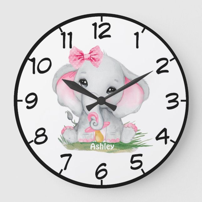 Niedlich Pink Elephant Pacie Girls Große Wanduhr (Vorderseite)