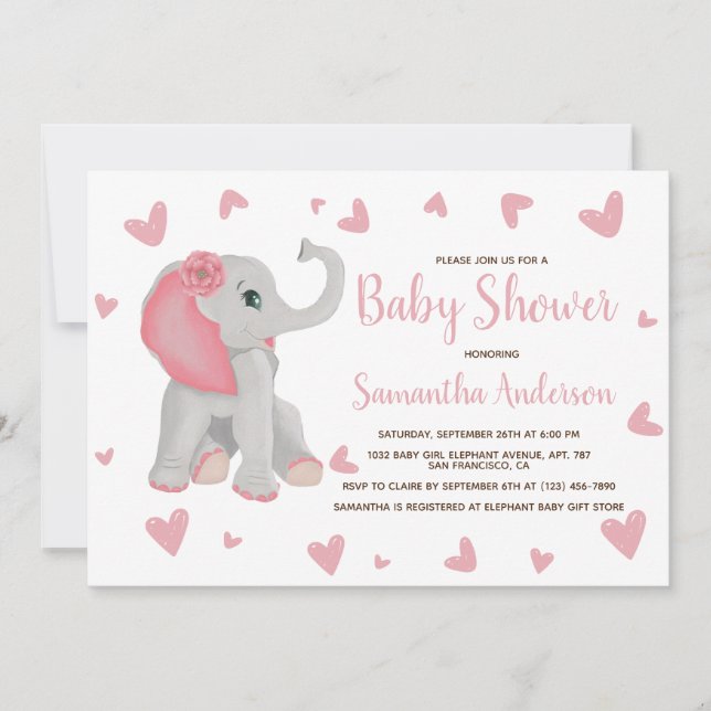 Niedlich Pink Elephant Watercolor Baby Dusche Foto Einladung (Vorderseite)