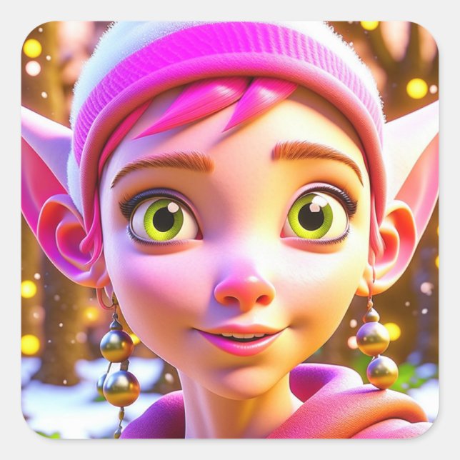 Niedlich Pink Elf Whimsisches Personalisiertes Wei Quadratischer Aufkleber (Vorderseite)