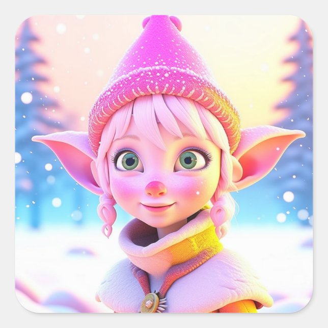 Niedlich Pink Elf Whimsisches Weihnachtsfest Quadratischer Aufkleber (Vorderseite)