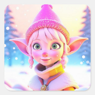 Niedlich Pink Elf Whimsisches Weihnachtsfest Quadratischer Aufkleber