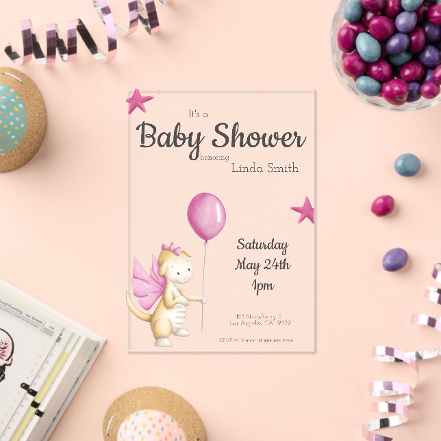 Niedlich Pink Fairytale Dragon Girl Babydusche Acryleinladungen (Insitu (Feier))