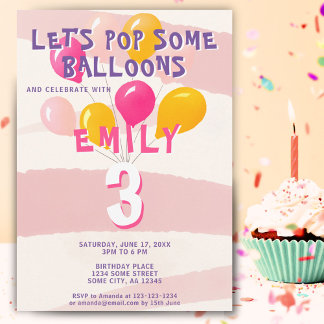 Niedlich Pink farbenfrohe Balloons Girl's Birthday Einladung