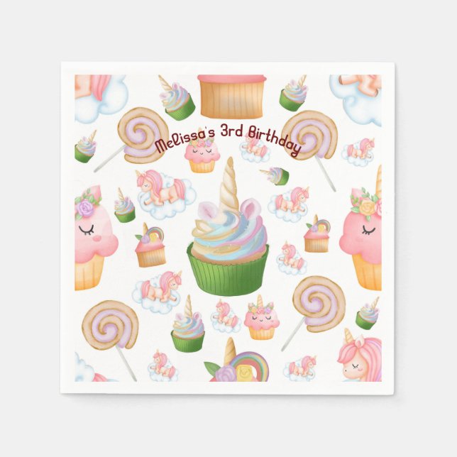 Niedlich Pink Farbenfrohe Girl Cupcake Unicorn Geb Serviette (Vorderseite)