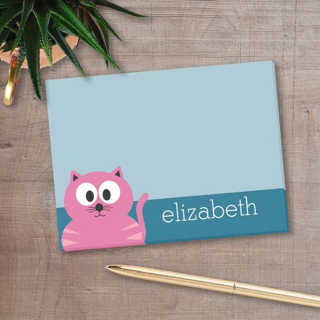 Niedlich Pink Fat Cat - Blue Background Post-it Klebezettel (Personalized post it notes with low quantity. Add your personal touch.)