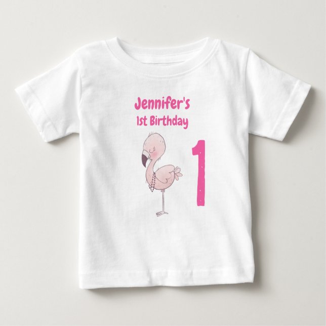 Niedlich Pink Flamingo 1. Geburtstag Baby T-shirt (Vorderseite)