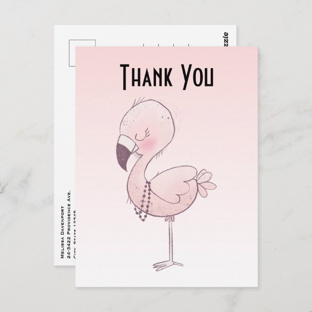Niedlich Pink Flamingo Illustration Vielen Dank Postkarte (Vorne/Hinten)
