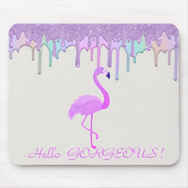 Niedlich Pink Flamingo, Regenbogen Tropfen - Hallo Mousepad (Vorne)