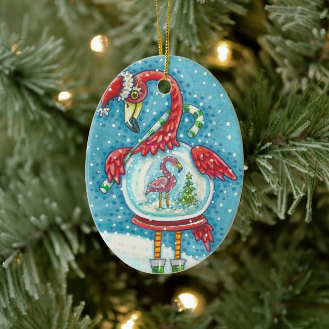 NIEDLICH PINK FLAMINGO SNOWGLOBE, CHRISTMAS BIRD S KERAMIK ORNAMENT (Baum)
