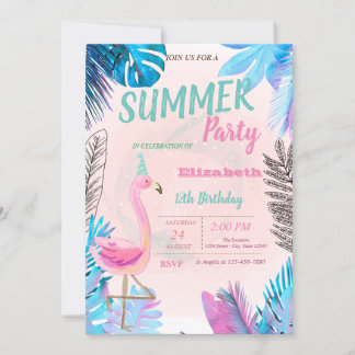 Niedlich Pink Flamingos Blue Palm Leaf Geburtstags Einladung
