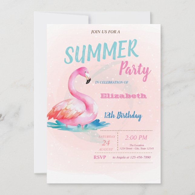 Niedlich Pink Flamingos Summer Birthday Party Einladung (Vorderseite)