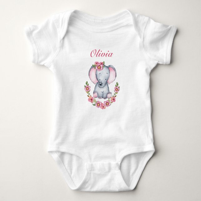 Niedlich Pink Floral Baby Elephant Girls Baby Strampler (Vorderseite)