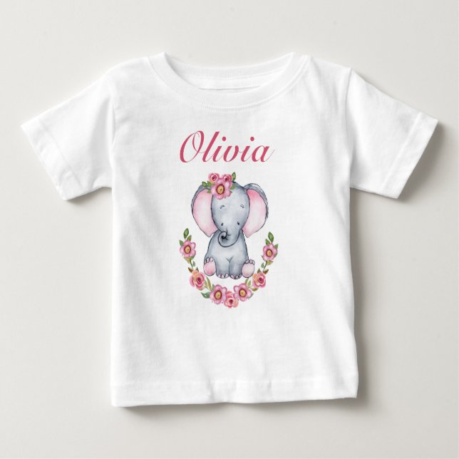 Niedlich Pink Floral Baby Elephant Girls Baby T-shirt (Vorderseite)