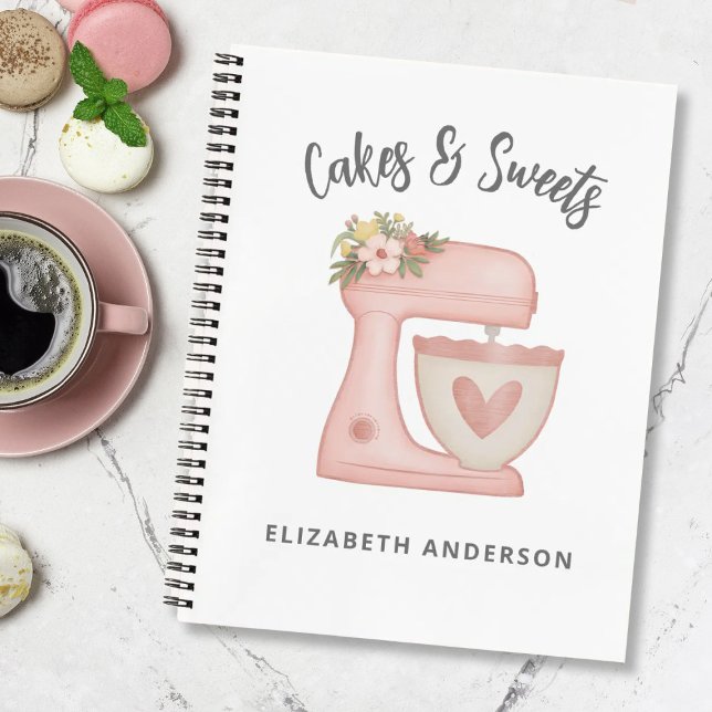 Niedlich Pink Floral Bakery Cake Mixer Notizbuch (A cute pink mixer bakery business notebook. Personalize it with your name)