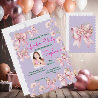 Niedlich Pink Floral Bow Girl Foto Geburtstag Einladung