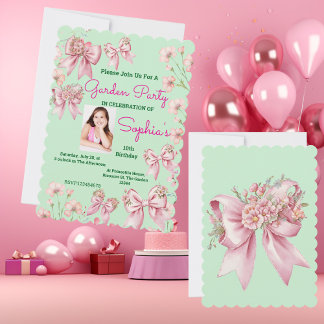 Niedlich Pink Floral Bow Girl Foto Geburtstag Einladung