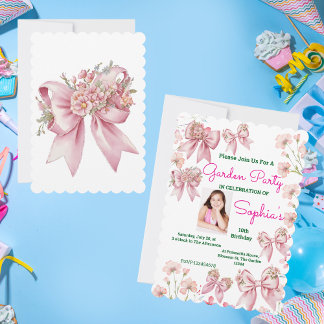 Niedlich Pink Floral Bow Girl Foto Geburtstag Einladung