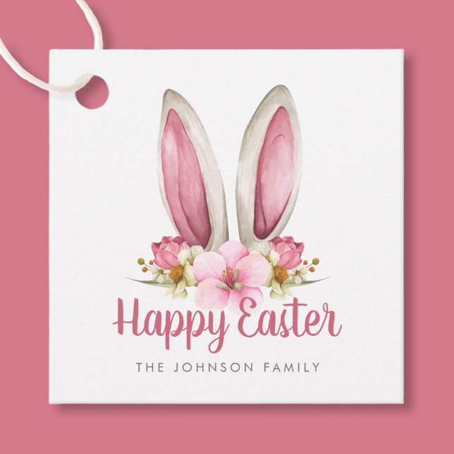 Niedlich Pink Floral Bunny Oars Happy Osterfeier Geschenkanhänger (Cute Pink Floral Bunny Ears Happy Easter Favor Tags)