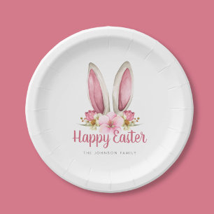 Niedlich Pink Floral Bunny Oars Happy Osterfeier Pappteller