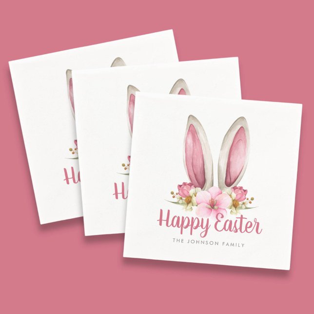 Niedlich Pink Floral Bunny Oars Happy Osterfeier Serviette (Cute Pink Floral Bunny Ears Happy Easter Napkins)