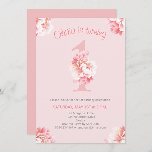 Niedlich Pink Floral Girl's First Birthday Party Einladung (Vorne/Hinten)