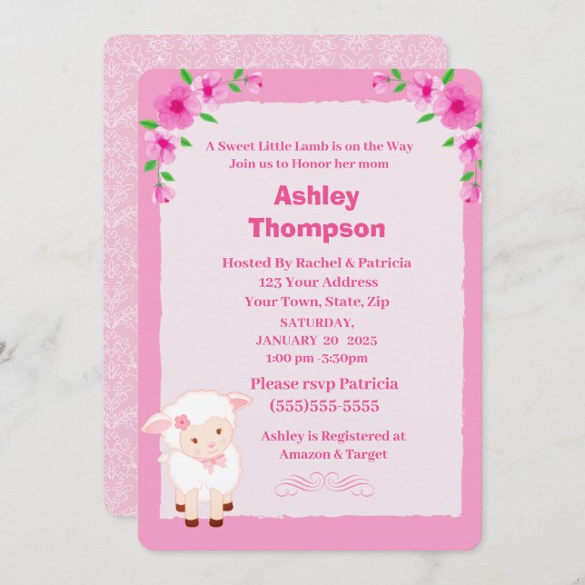 Niedlich Pink Floral Lamb Kinderdusche Einladung (Vorne/Hinten)
