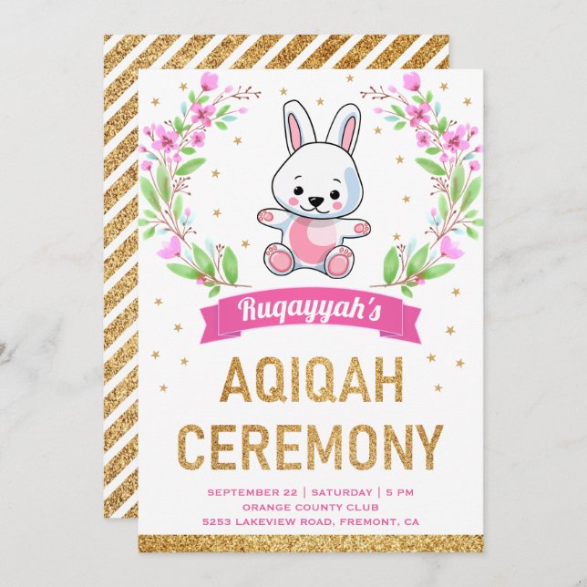Niedlich Pink Floral Sweet Bunny Rabbit Aqiqah Einladung (Vorne/Hinten)