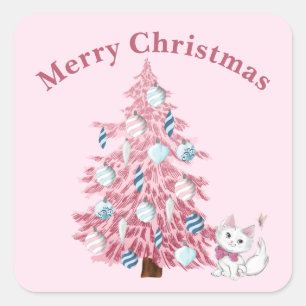 Niedlich Pink Frohe Weihnachtsbaum & Kitten Quadratischer Aufkleber