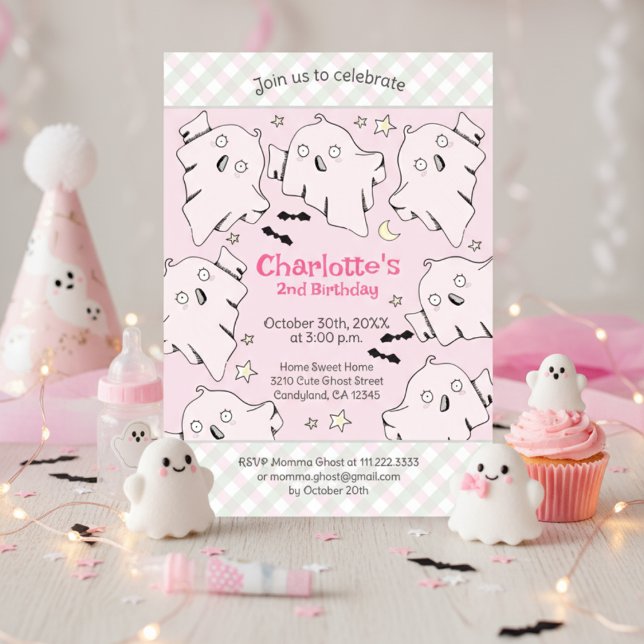 Niedlich Pink Ghosts Kinderhals Halloween Einladung (Cute Spooky Ghosts Pink Birthday Invitation for Baby Girl. Pink Ghosts, Stars & Cute Gingham Pattern)