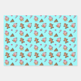 Niedlich Pink Gingerbread Mann Kekse, Häuser Geschenkpapier Set