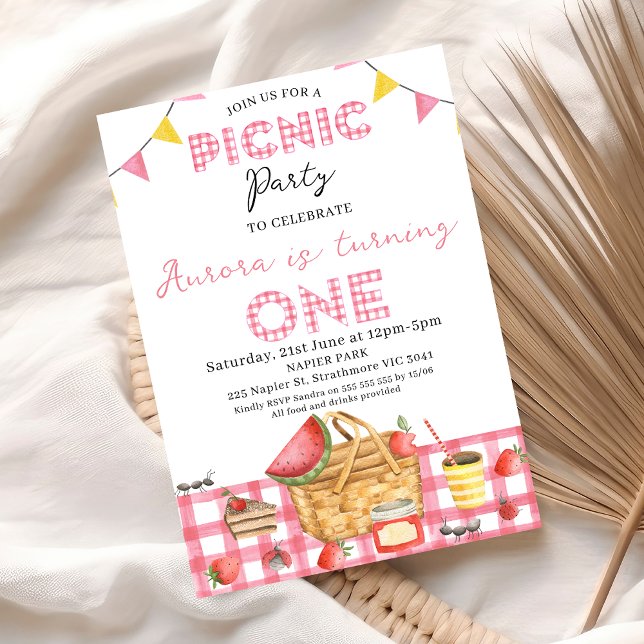 Niedlich Pink Gingham Bunting Flag Picnic 1. Gebur Einladung (Girls Picnic Party 1st Birthday Invitation Template, Pink Gingham Picnic 1st Birthday Invitation
)