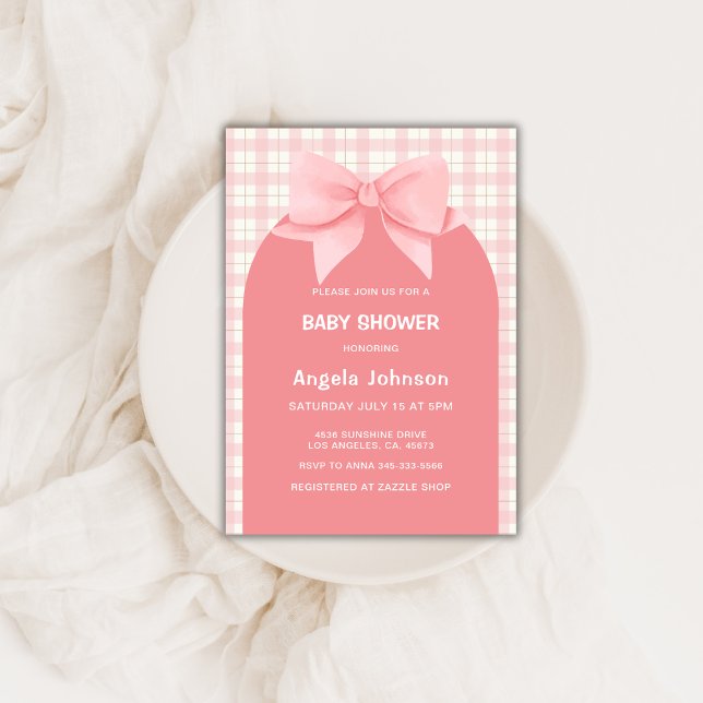 Niedlich Pink Gingham Kariert Arch Bow Girl Babydu Einladung (Cute Pink Gingham Plaid Arch Bow Girl Baby Shower Invitation)
