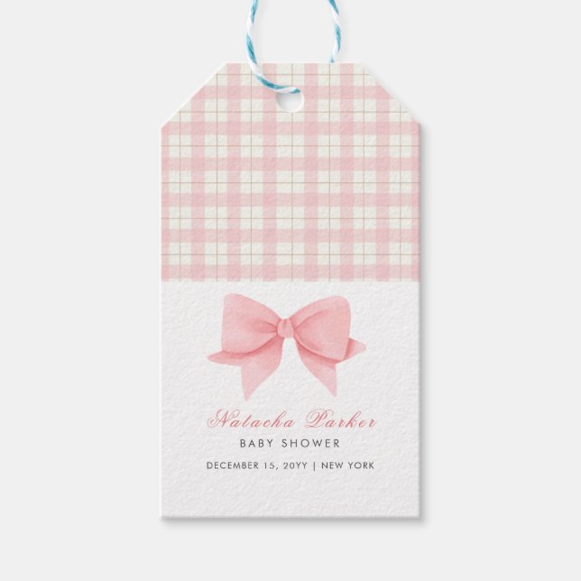 Niedlich Pink Gingham Kariert Bow Girl Baby Dusche Geschenkanhänger (Vorderseite)