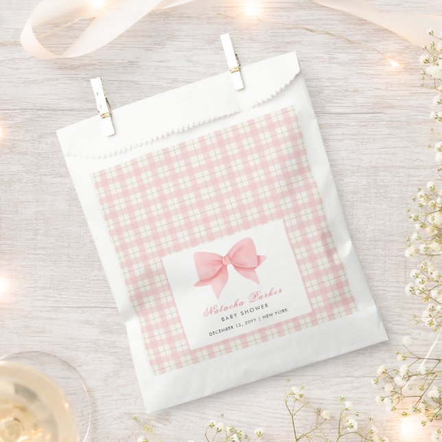 Niedlich Pink Gingham Kariert Bow Girl Baby Dusche Geschenktütchen (Ausgeschnitten)
