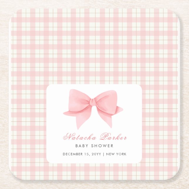 Niedlich Pink Gingham Kariert Bow Girl Baby Dusche Rechteckiger Pappuntersetzer (Vorderseite)