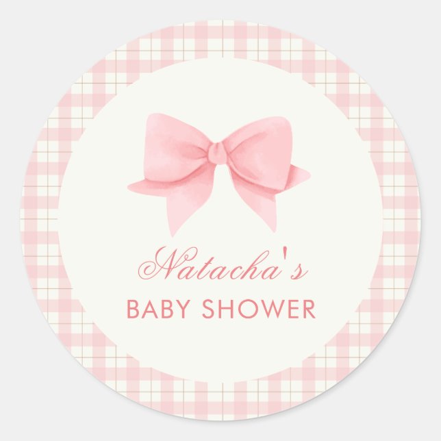 Niedlich Pink Gingham Kariert Bow Girl Baby Dusche Runder Aufkleber (Vorderseite)
