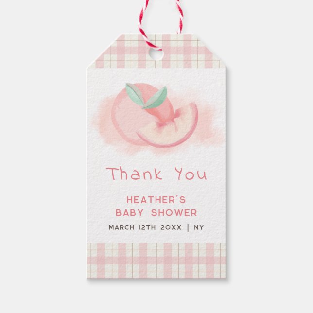 Niedlich Pink Gingham Peach Baby Dusche Danke Geschenkanhänger (Vorderseite)